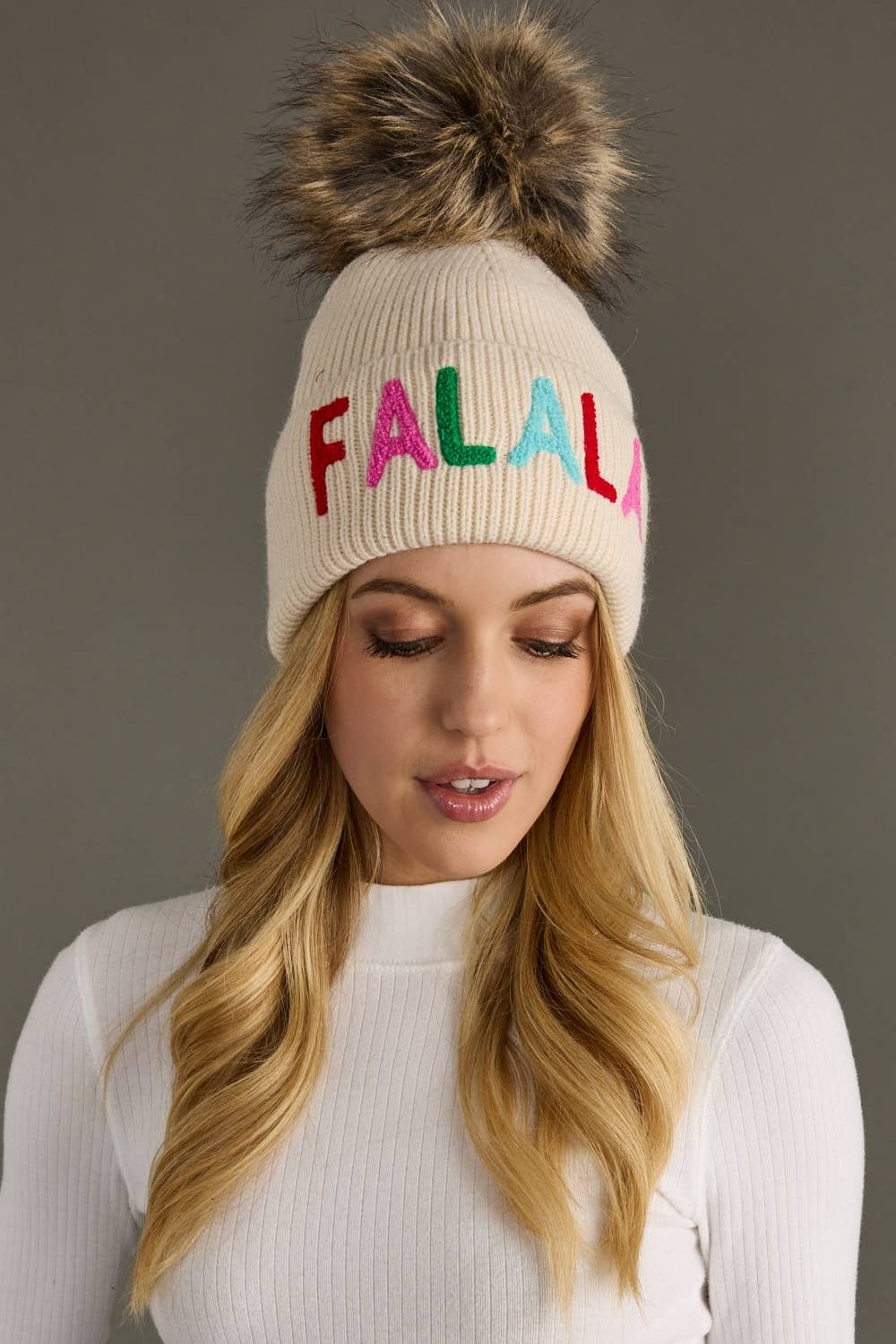 Beige "Fa-La-La" Knit Pom Hat