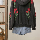 Floral Embroidered Zip-Up Hoodie