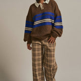 Striped Rugby Polo Sweater With Contrast Collar