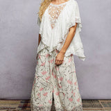 Lace Trim V Ruffle Detail Textured Woven Short Sleeve Top