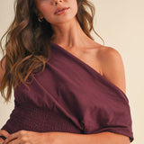 ID9559  OFF SHOULDER SMOCKED WAIST MINI DRESS