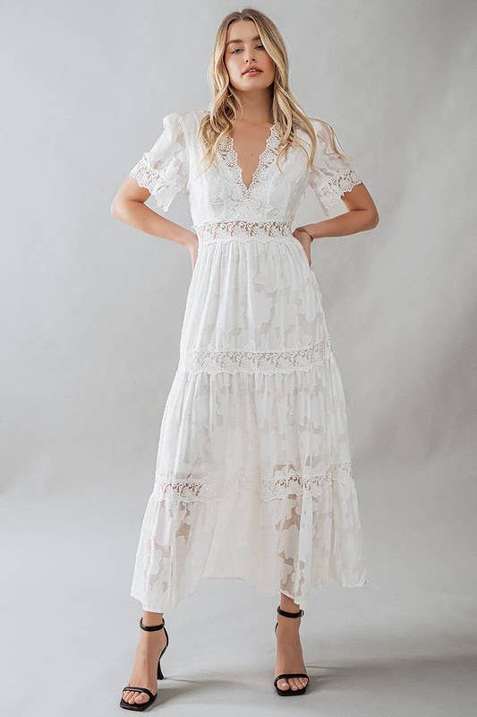 Lace Trim Tiered Deep V-Neck Maxi Dress