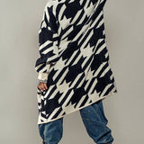 Exaggerated Houndstooth Open Front Knit Cardigan