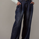 Pleated Wide-Leg Denim Pants