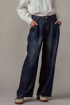 Pleated Wide-Leg Denim Pants