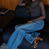 Ribbed Sheer Lace Mock Neck Long Sleeve