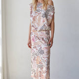 L10192T | Woven Satin Polyester Animal Print Off Shoulder