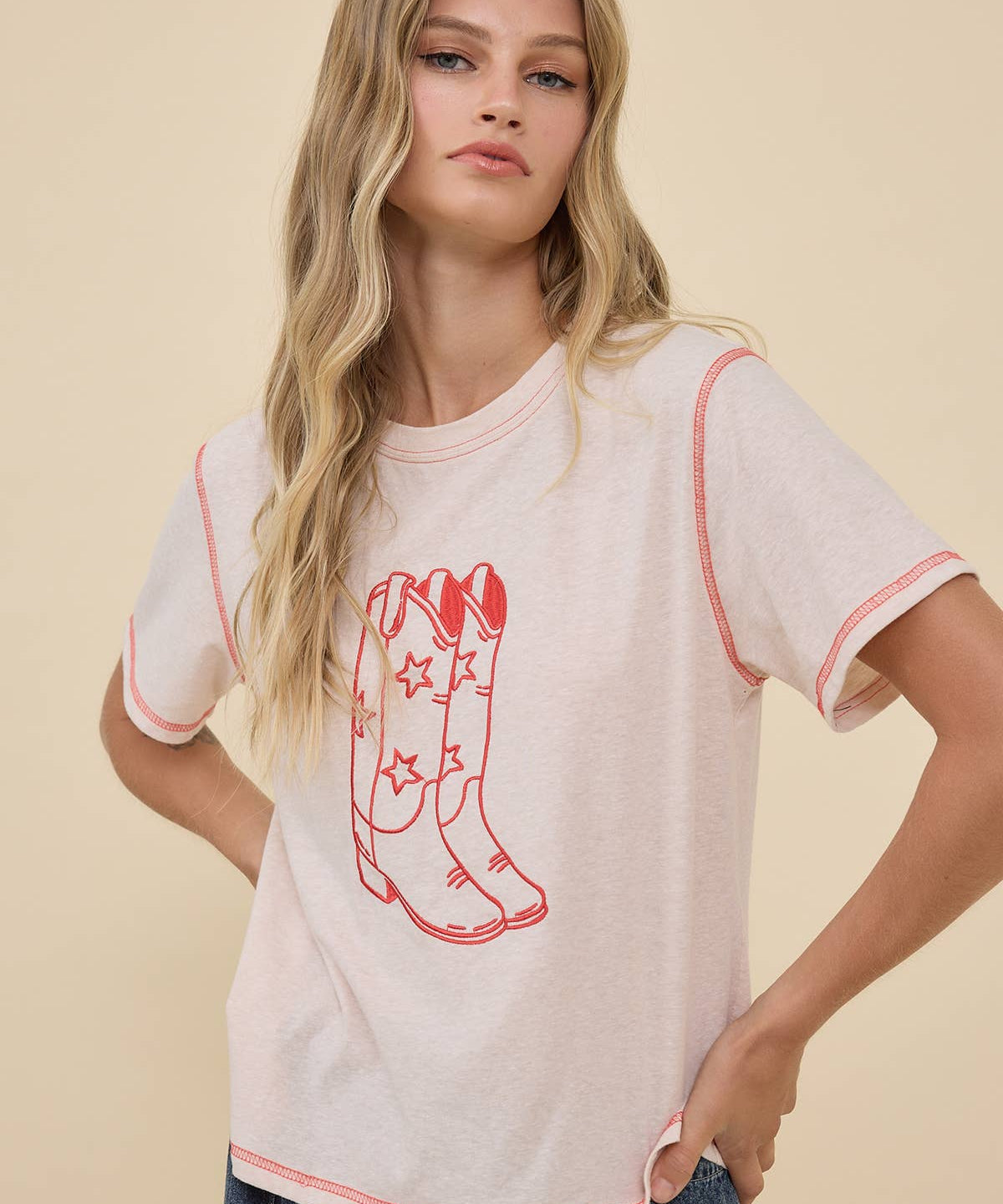 Western Boots Embroidered Contrast Stitch Tee - RTK1112