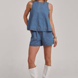 SLEEVELESS DENIM TOP AND MATCHING SHORTS SET