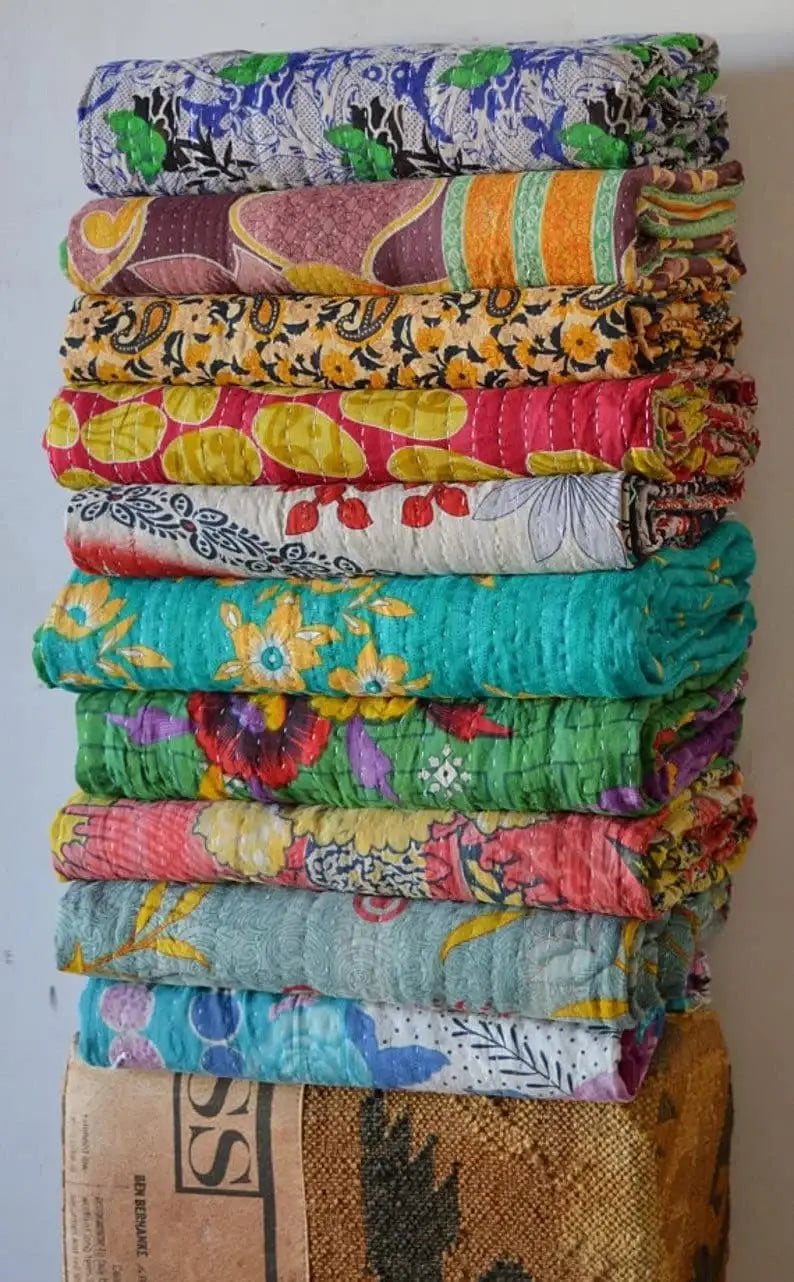 Handmade Indian Kantha Reversible Quilt Blanket