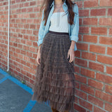 Plaid Mesh Ruffle Maxi Skirt - RS1106