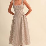 ID10390 STRIPED JUMBO BACK BUCKLE PIPING DETAIL MIDI DRESS
