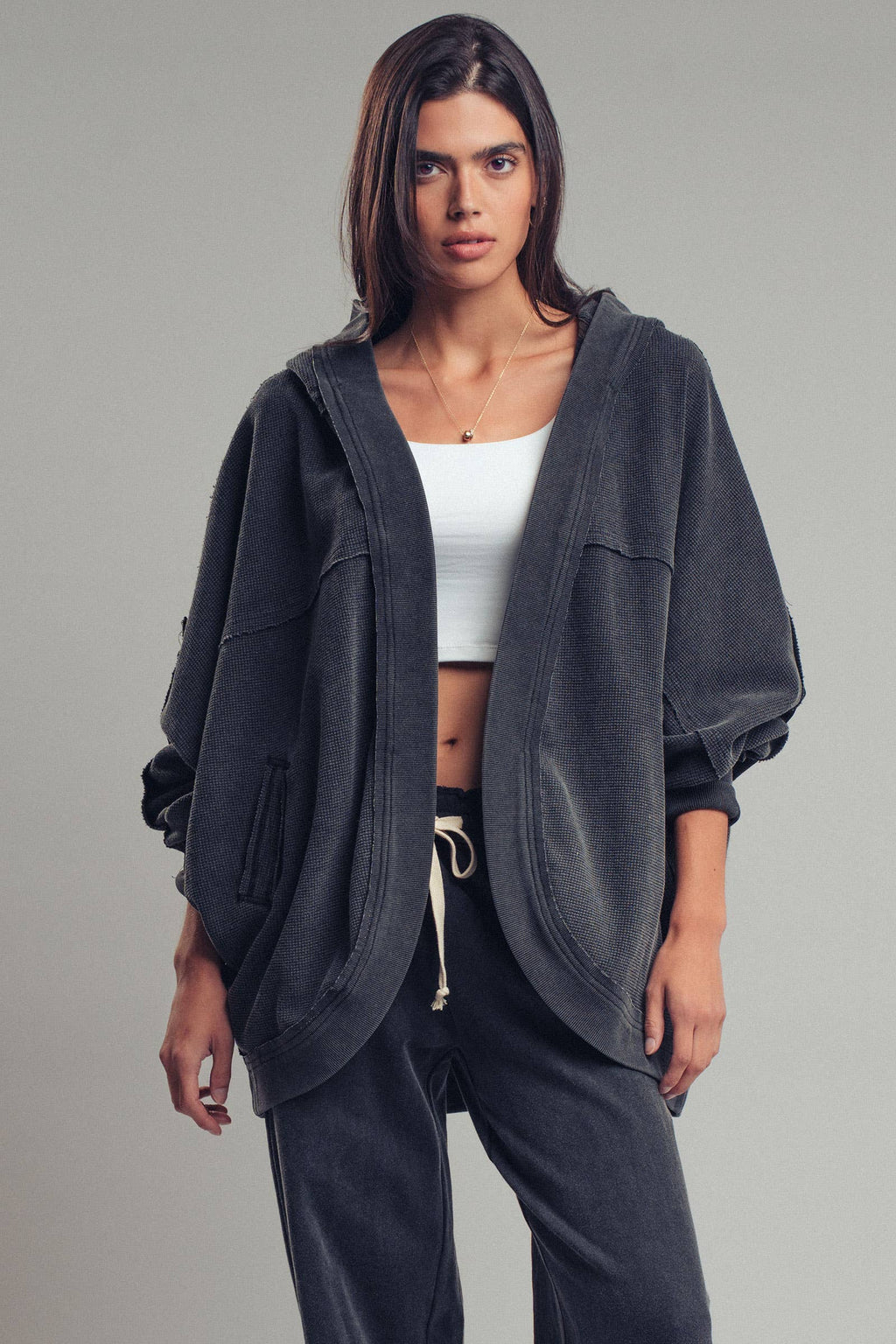 Washed Waffle Knit Hooded Cardigan