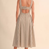 ID10390 STRIPED JUMBO BACK BUCKLE PIPING DETAIL MIDI DRESS
