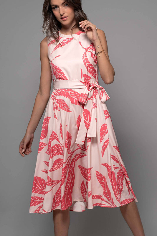 Tropical Leaf Print Belted A-Line Midi Dress