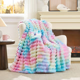 CB Striped Faux Fur Warm Plush Throw Blanket, Tie-dye Color