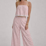 GINGHAM CHECK CROPPED CAMI TOP AND WIDE LEG PANTS SUMMER SET