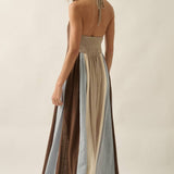 Colorblock Cotton Gauze Open-Back Halter Pocket Maxi Dress