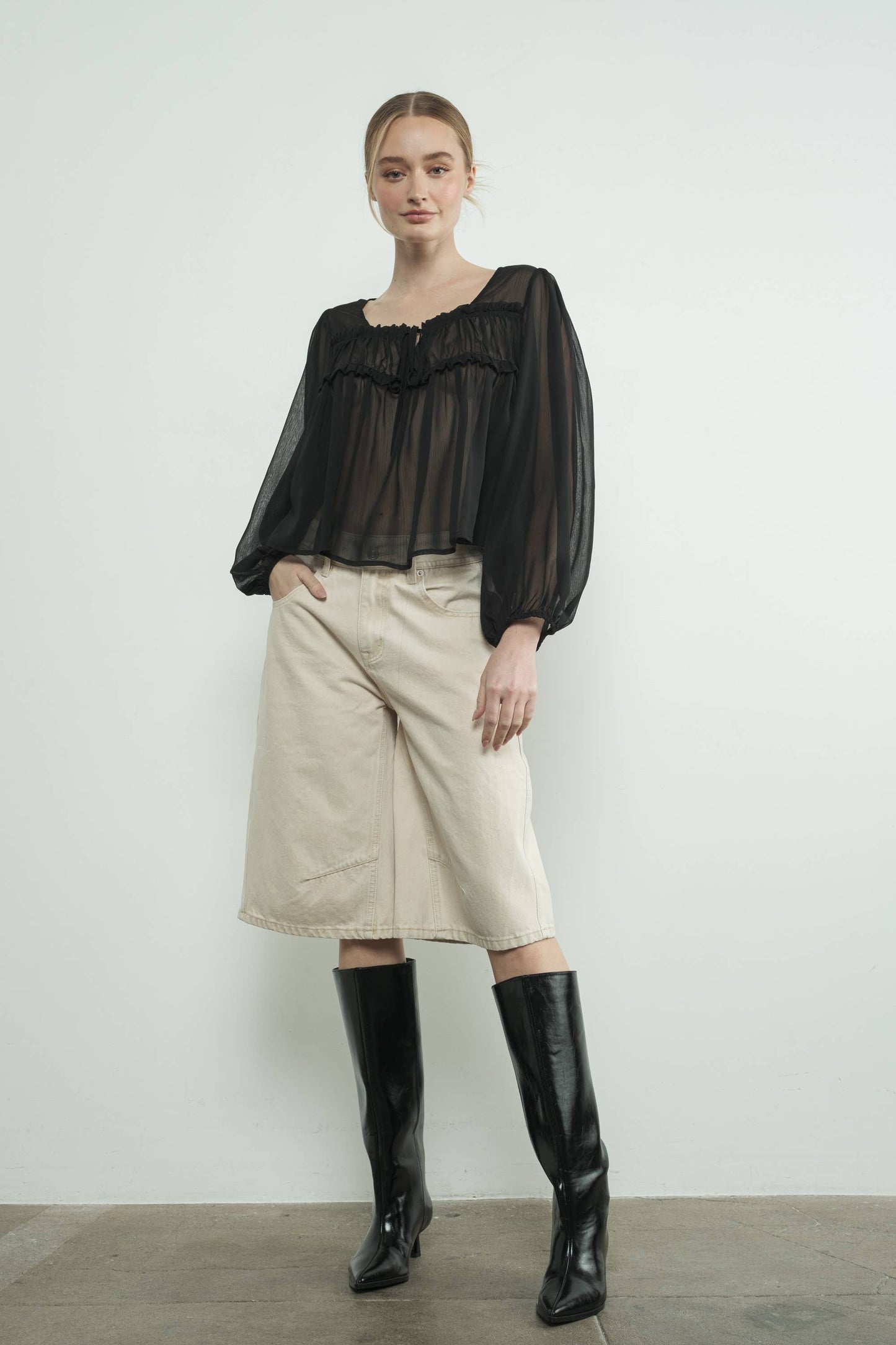 Denim Bermuda Shorts with Yoke Seam