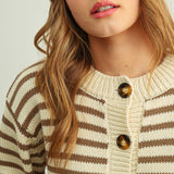 J6774   STRIPED PATTERN BUTTON FRONT KNITTED CARDIGAN
