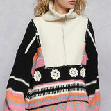 High Collar Half Zipper Ethnic Color Block Pullover Sweater