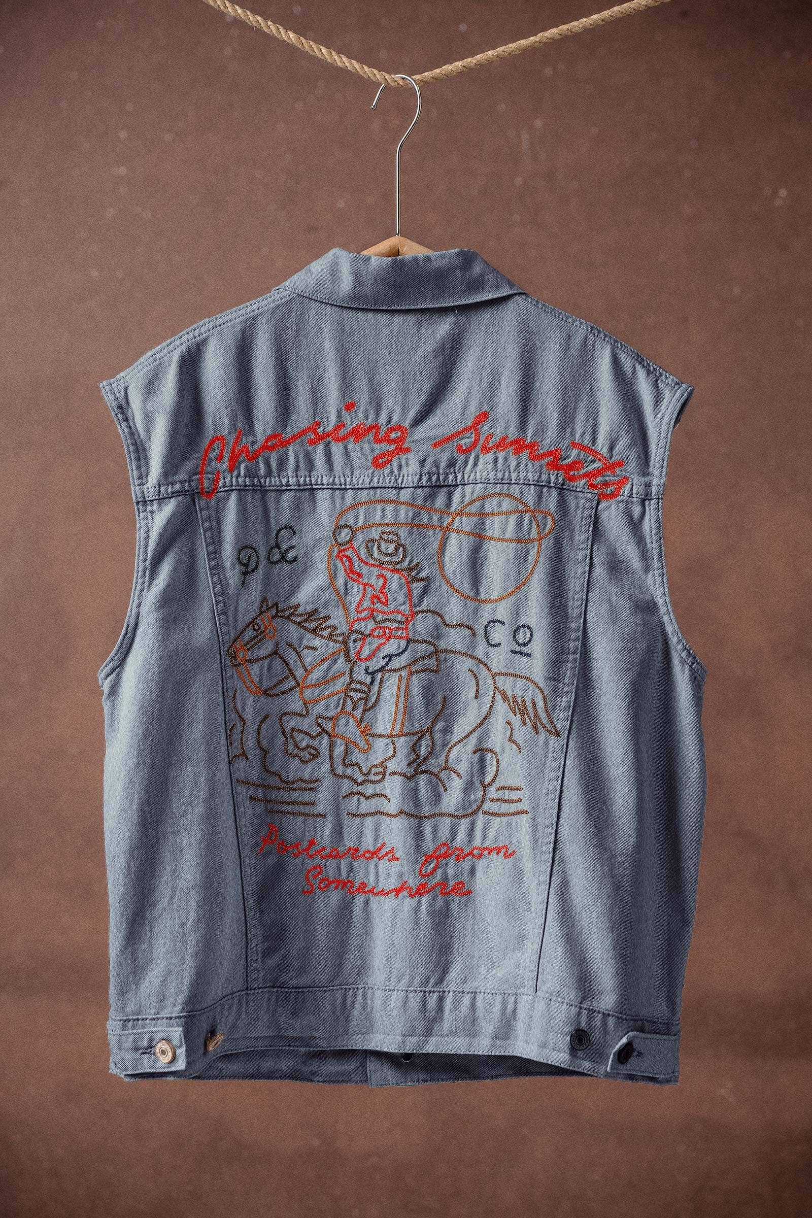 Western Sunset Embroidered Denim Vest
