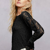 Long Sleeve Round Neck Lace Texture Knit Slim Fit Top