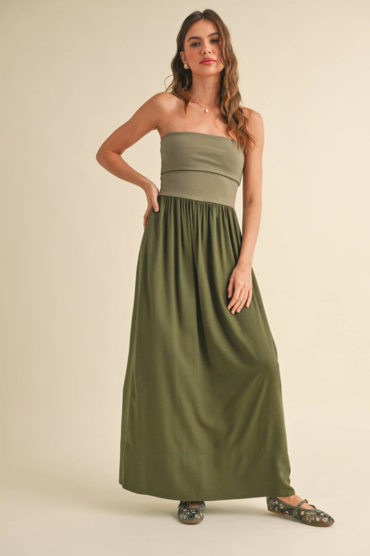 Linen w/ Ribbed Knit Top Maxi Dress