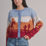 Western Desert Scene Cropped Button Cardigan