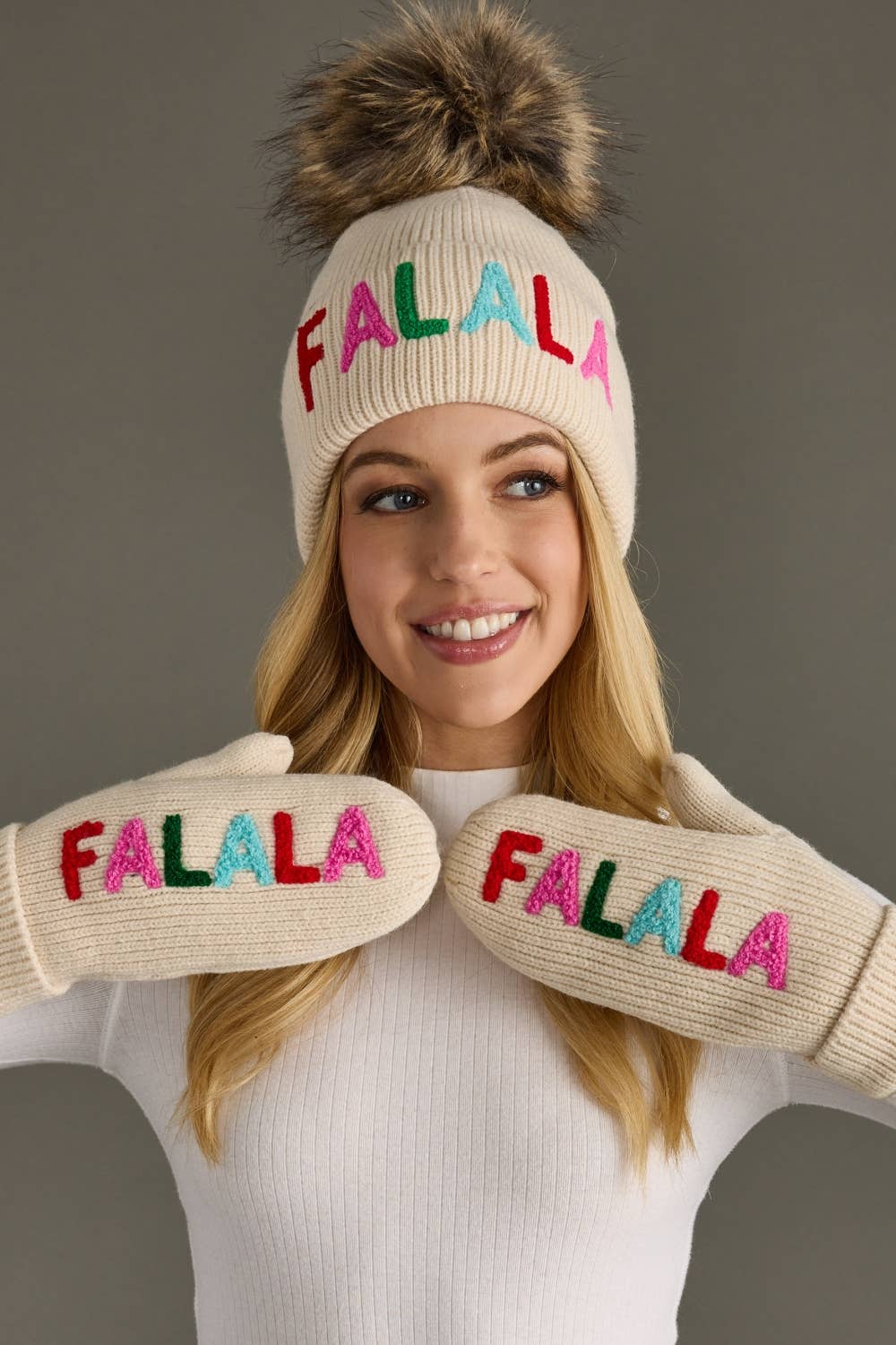Beige "Fa-La-La" Knit Pom Hat