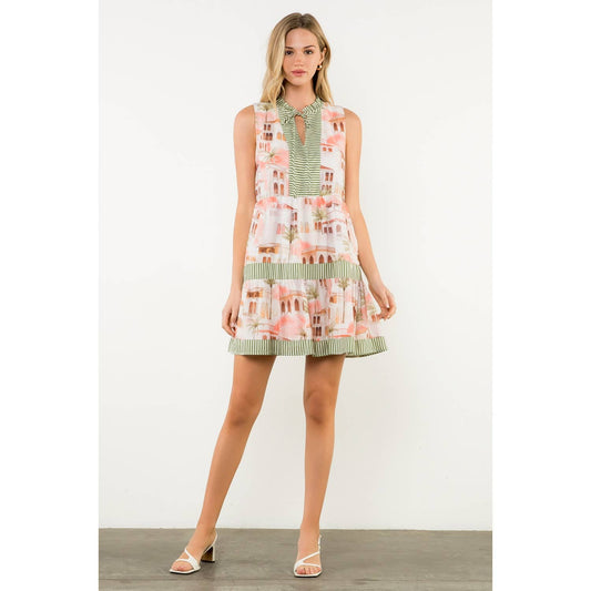 Striped Trim Architectural Print Dress