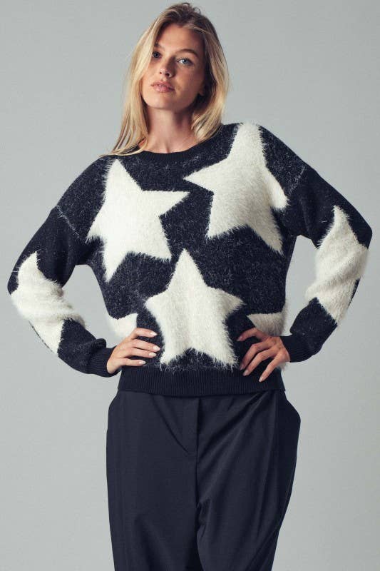 Fuzzy Knit Star Pattern Sweater Top