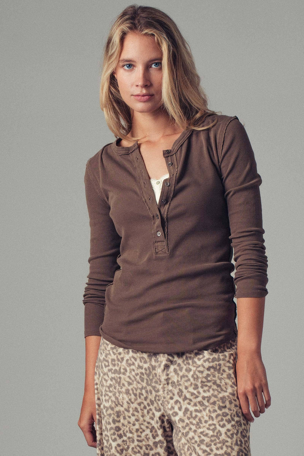 Ribbed Henley Long Sleeve Top