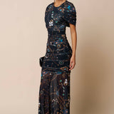 Printed Asymmetrical Mesh Ruched Maxi Dress