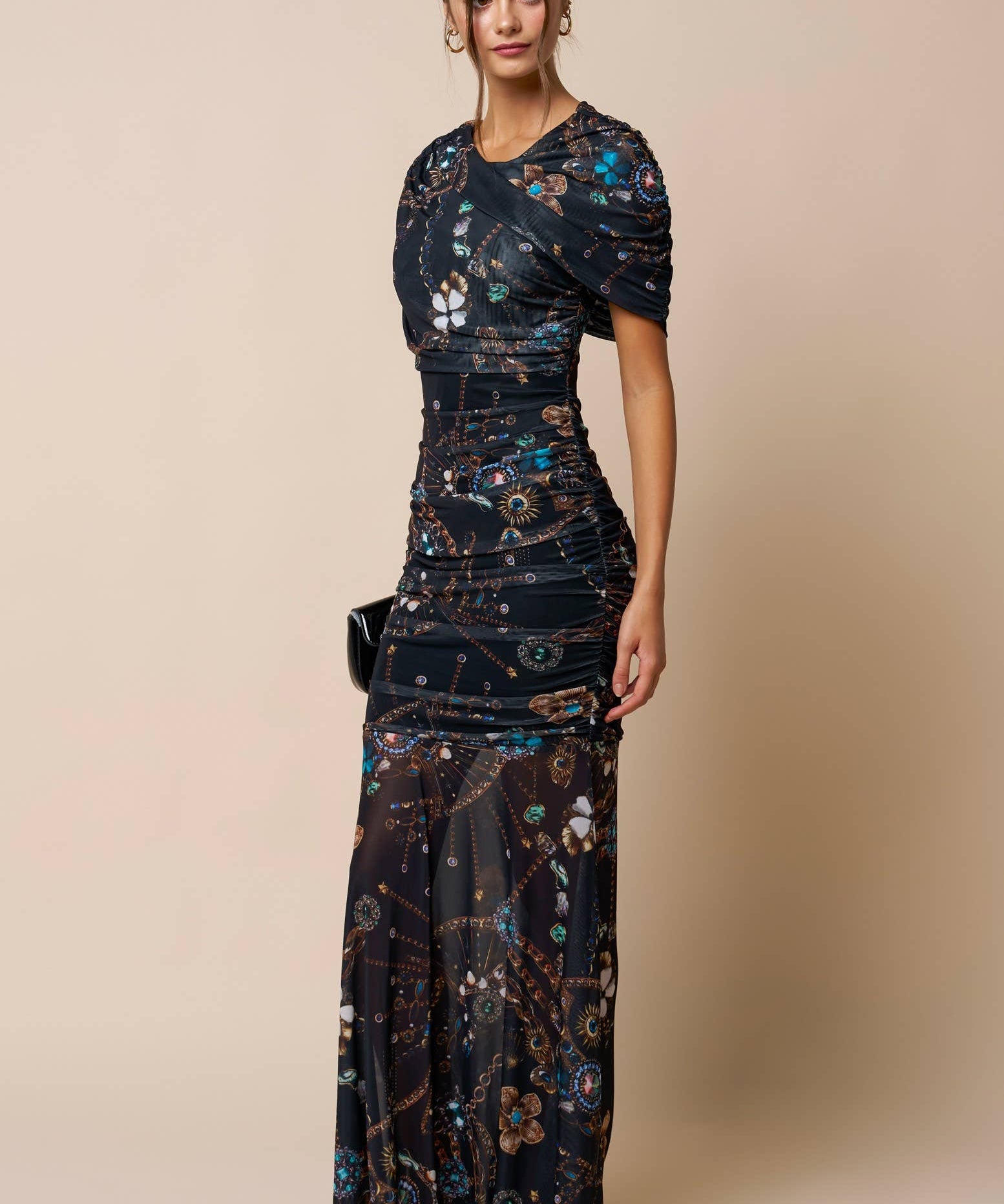 Printed Asymmetrical Mesh Ruched Maxi Dress