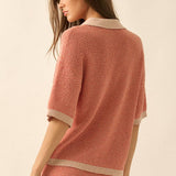 Striped Rib-Knit Collared Split-Neck Top