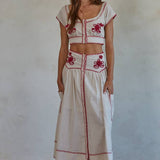 Woven Cotton Embroidered Flare Midi Skirt