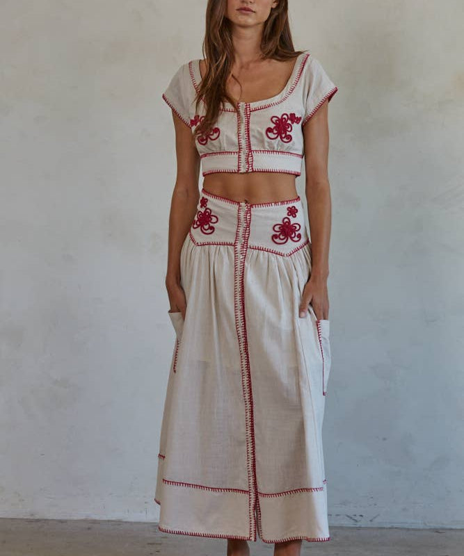 Woven Cotton Embroidered Flare Midi Skirt