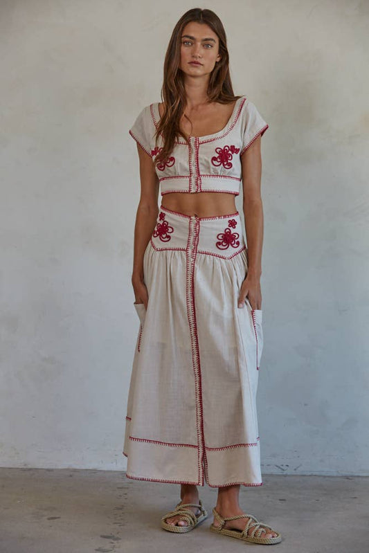 Woven Cotton Embroidered Flare Midi Skirt