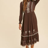 Smocked Neck Embroidered Midi Dress