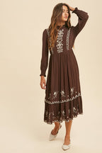 Smocked Neck Embroidered Midi Dress