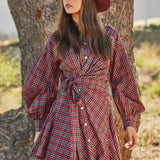 ASYMMETRICAL RUCHED DETAILING PLAID WRAP SHIRT DRESS FD31556
