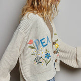 Multicolor Floral Embroidery PEACE Letter Knit Cardigan