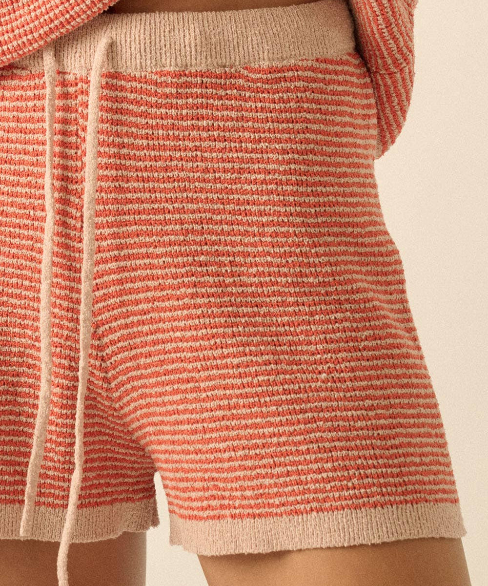 Striped Knit Wide-Leg Drawstring Sweater Shorts