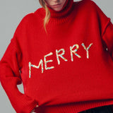 Textured "Merry" Graphic Boxy Turtleneck