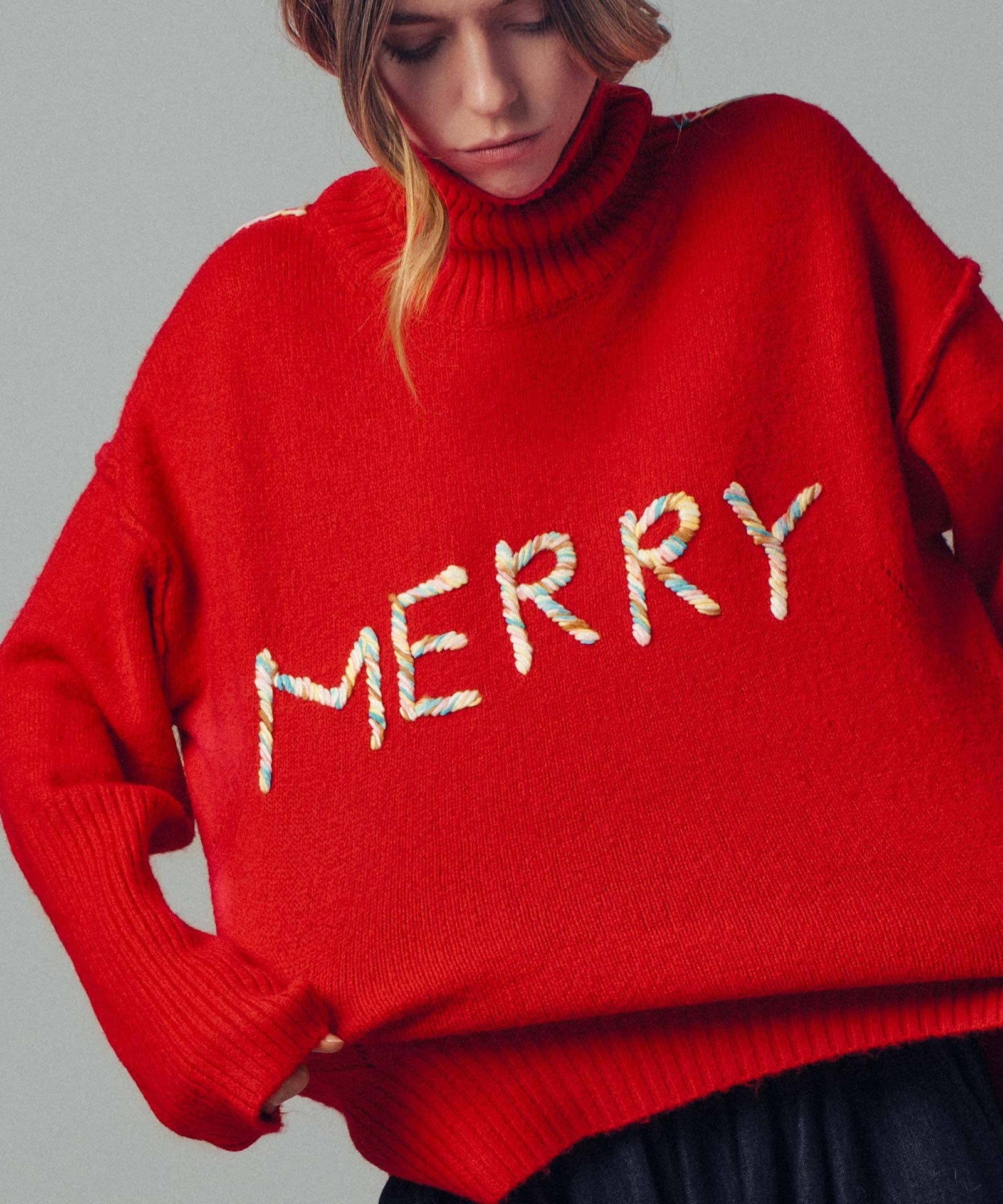 Textured "Merry" Graphic Boxy Turtleneck