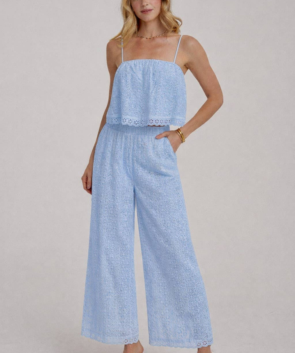 EYELET LACE CROPPED CAMI TOP AND WIDE LEG PANTS SUMMER SET
