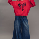 Plaid Bow Patch  Knit Sweater