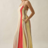 Colorblock Cotton Gauze Open-Back Halter Pocket Maxi Dress