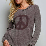 Vintage Washing Solid Peace Stud Outseam Thermal Knit Top